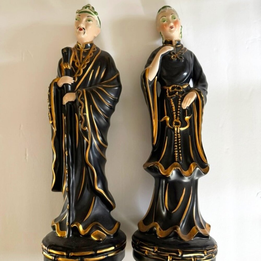 Antique/ Vtg Asian Glazed Emperor & Empress 15 " Figurines- Hand Painted VG